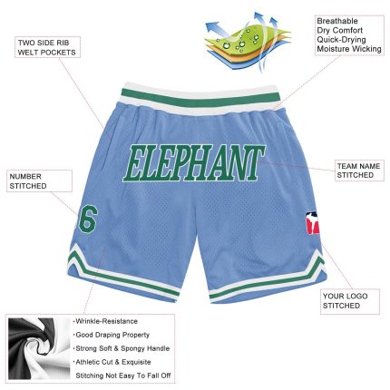 Custom Name and Number Authentic Basketball Shorts Light Blue Kelly Green White - Personalized Throwback Style Personalized
