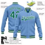 Custom Name Number Varsity Letterman Jacket Light Blue Green White Full-Snap Bomber for Teams Personalized Light Blue Kelly