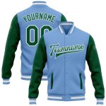 Customizable Varsity Letterman Jacket with Two Tone Light Blue Green, Full-Snap Design, Includes Team Name & Number Personalized