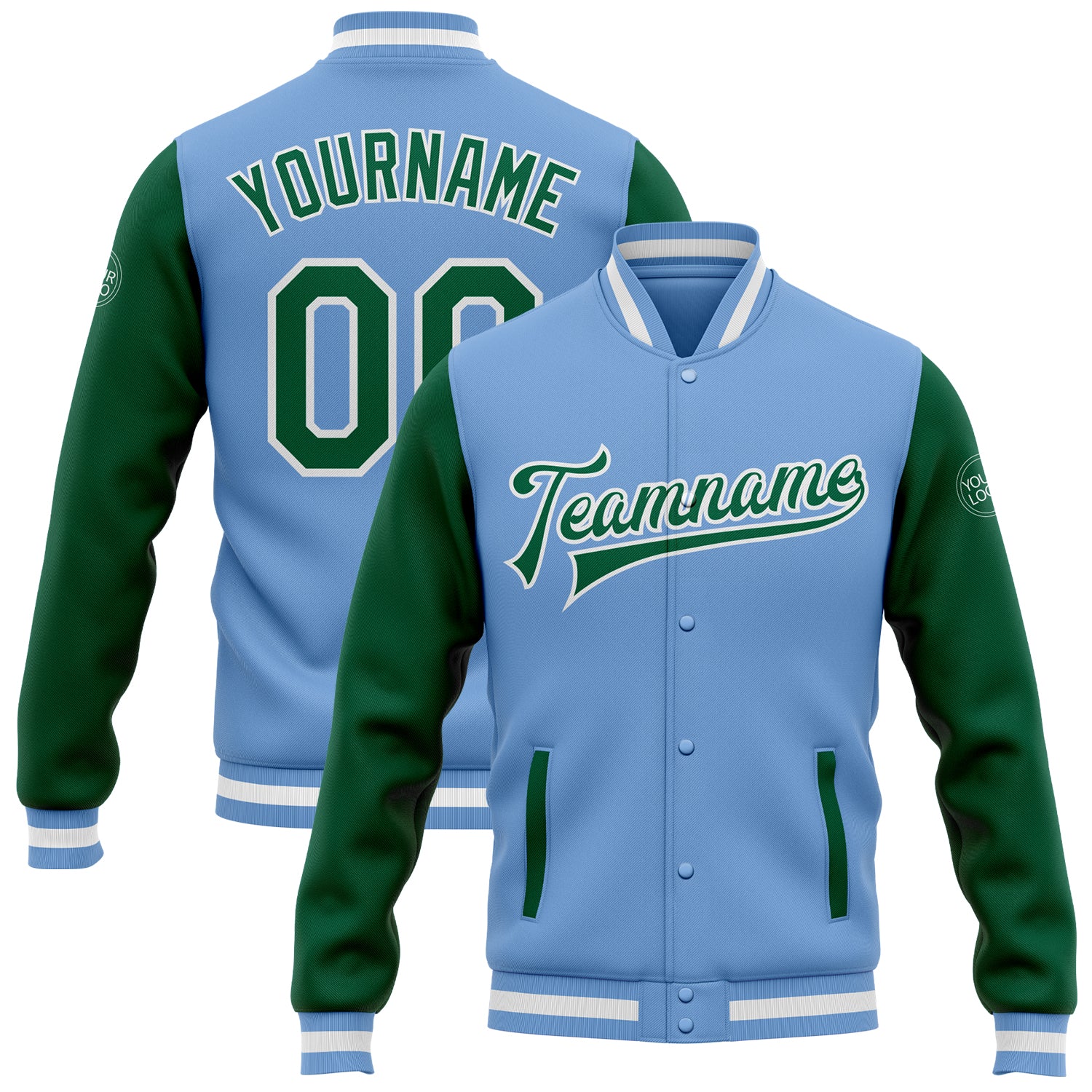 Customizable Varsity Letterman Jacket with Two Tone Light Blue Green, Full-Snap Design, Includes Team Name & Number Personalized