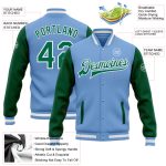 Customizable Varsity Letterman Jacket with Two Tone Light Blue Green, Full-Snap Design, Includes Team Name & Number Personalized