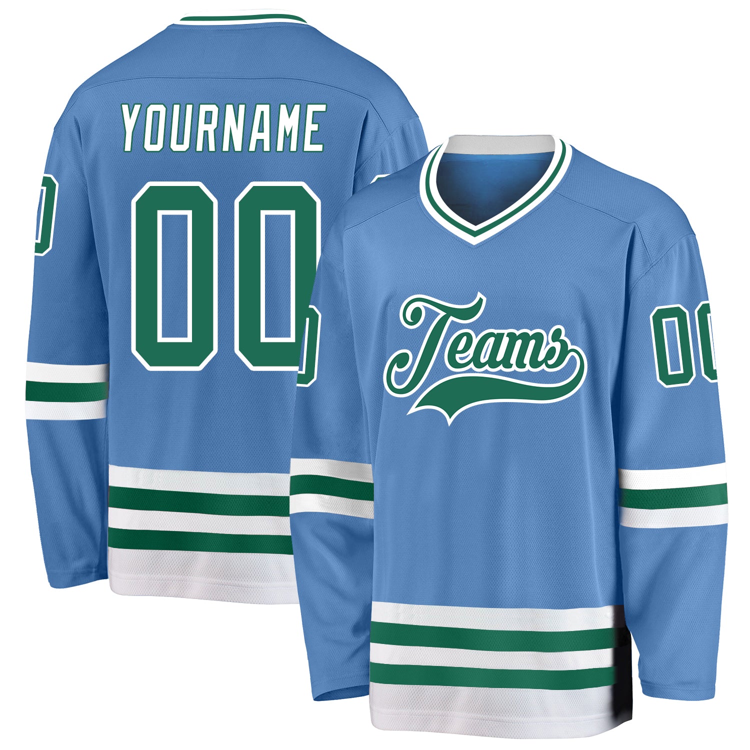 Custom Hockey Jersey Personalized with Name and Number in Light Blue and Kelly Green-White Personalized Light Blue Kelly