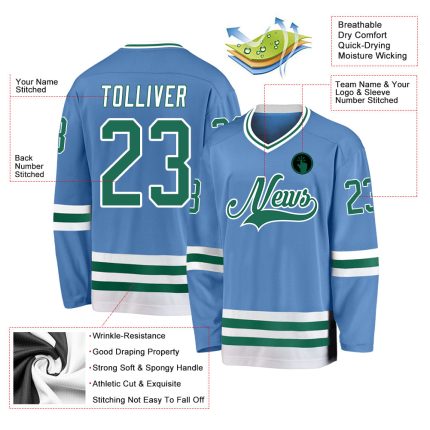 Custom Hockey Jersey Personalized with Name and Number in Light Blue and Kelly Green-White Personalized Light Blue Kelly
