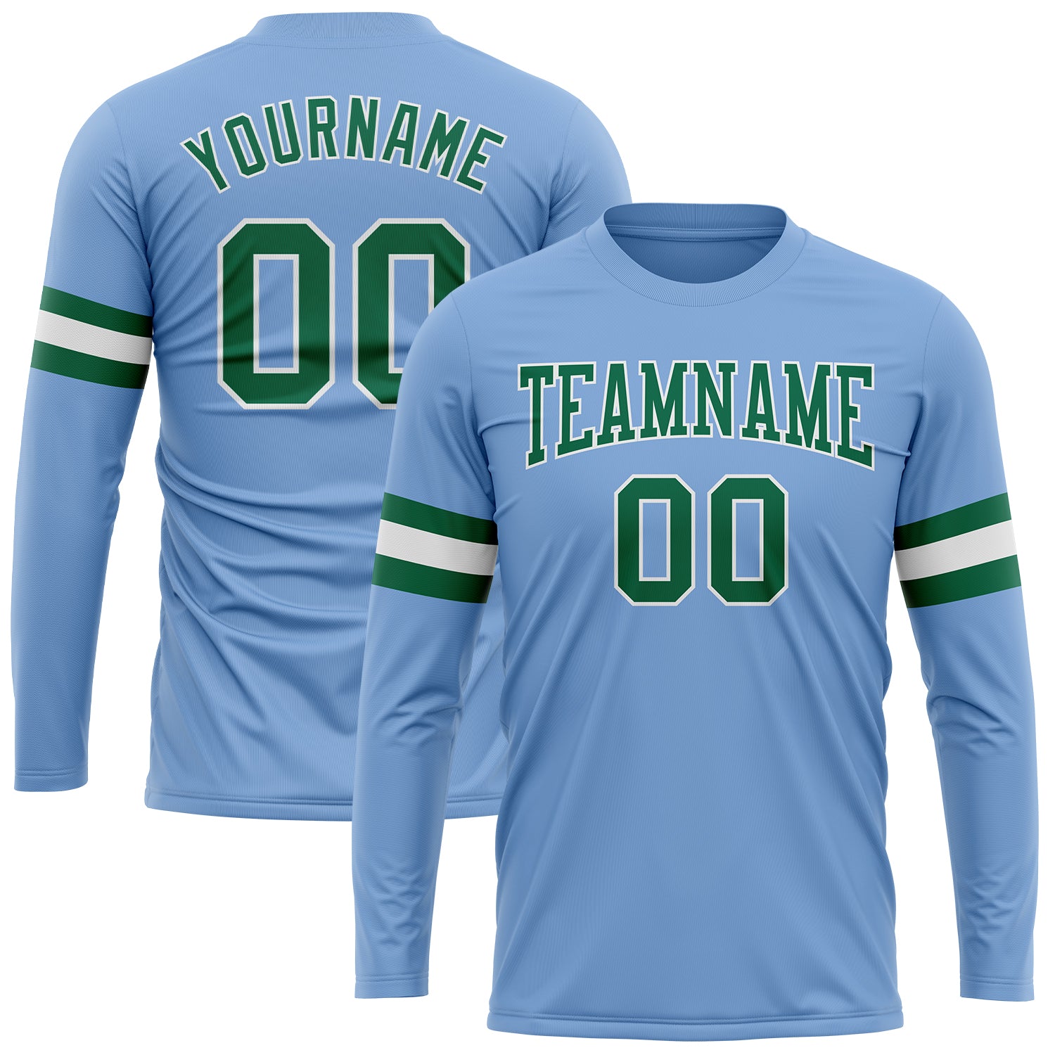 Custom Name and Number Performance T-Shirt - Light Blue Kelly Green White Long Sleeve Team Shirt Personalized Light Blue