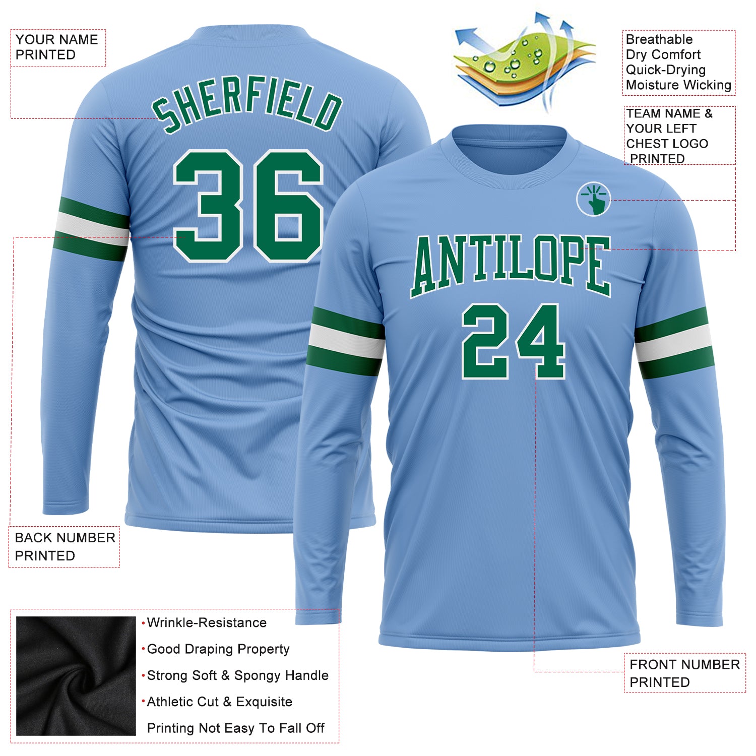 Personalized Light Blue Kelly Green-White Long Sleeve Performance T-Shirt Team Custom Name and Number Custom Name and Number Performance T-Shirt - Light Blue Kelly Green White Long Sleeve Team Shirt Personalized Light Blue - Image 3