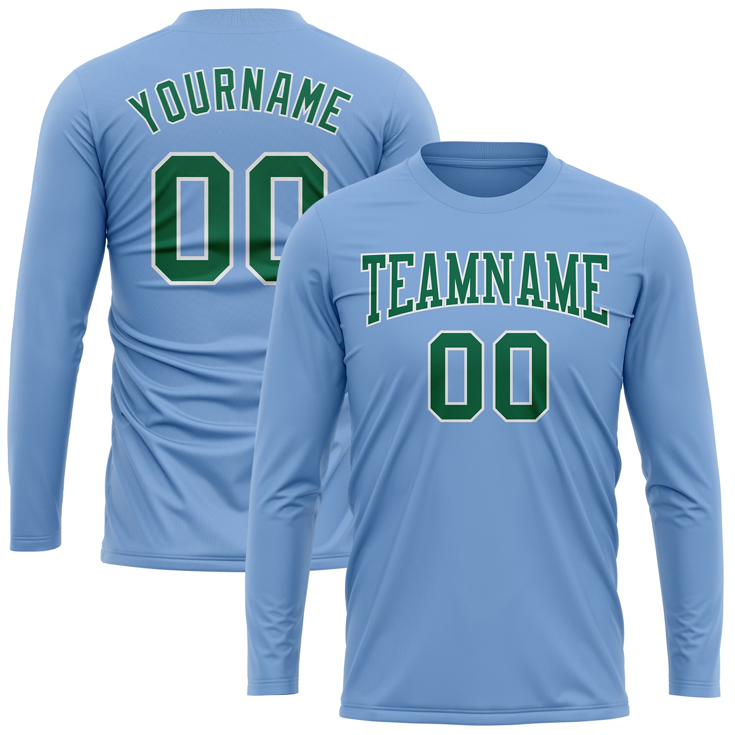 Personalized Light Blue Kelly Green-White Long Sleeve Performance T-Shirt Team Custom Name and Number Custom Name and Number Performance T-Shirt - Light Blue Kelly Green White Long Sleeve Team Shirt Personalized Light Blue - Image 2
