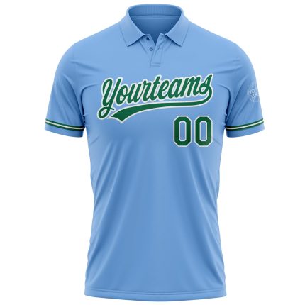 Custom Personalized Light Blue Golf Polo Shirt with Team Name & Number, Performance Vapor in Kelly Green-White Personalized
