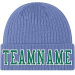 Custom Team Knit Hat with Personalized Name and Number, Light Blue and Kelly Green Stitched Cuffed Beanie Personalized Light
