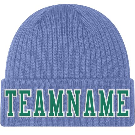 Custom Team Knit Hat with Personalized Name and Number, Light Blue and Kelly Green Stitched Cuffed Beanie Personalized Light