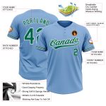 Personalized Two-Button Unisex Softball Jersey in Light Blue and Kelly Green-White Personalized Light Blue Kelly Green-White