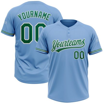 Personalized Two-Button Unisex Softball Jersey in Light Blue and Kelly Green-White Personalized Light Blue Kelly Green-White