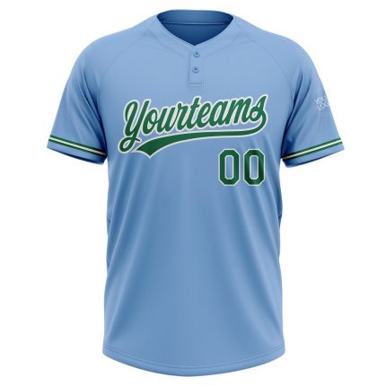 Personalized Two-Button Unisex Softball Jersey in Light Blue and Kelly Green-White Personalized Light Blue Kelly Green-White