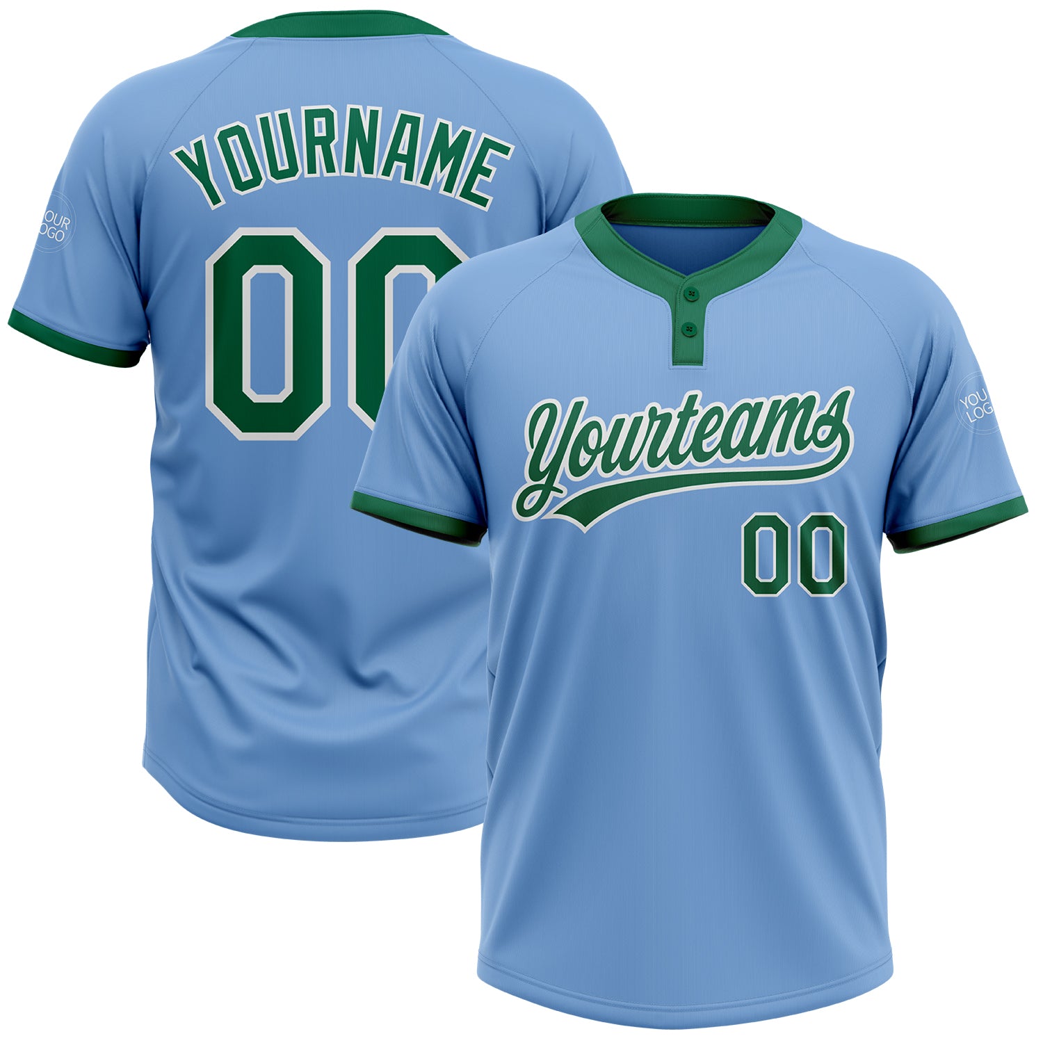 Custom Name and Number Unisex Softball Jersey - Personalized Light Blue Green-White Two-Button Design Personalized Light
