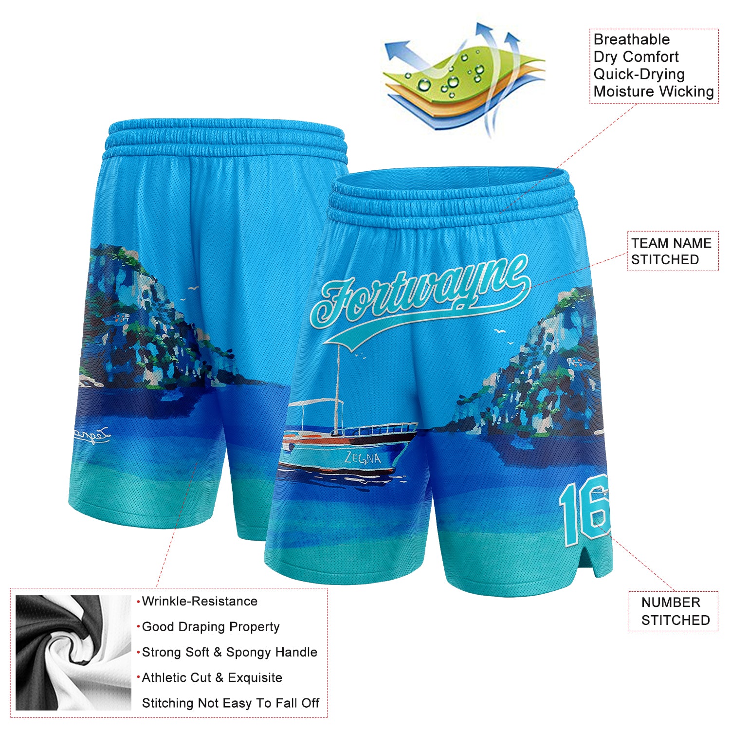 Personalized Light Blue Lakes Blue-White 3D Pattern Hawaii Beach Island And Ship Authentic Basketball Shorts Team Custom Name and Number Personalized Light Blue Hawaii Beach Island 3D Pattern Basketball Shorts with Custom Name and Number Personalized Light Blue - Image 2
