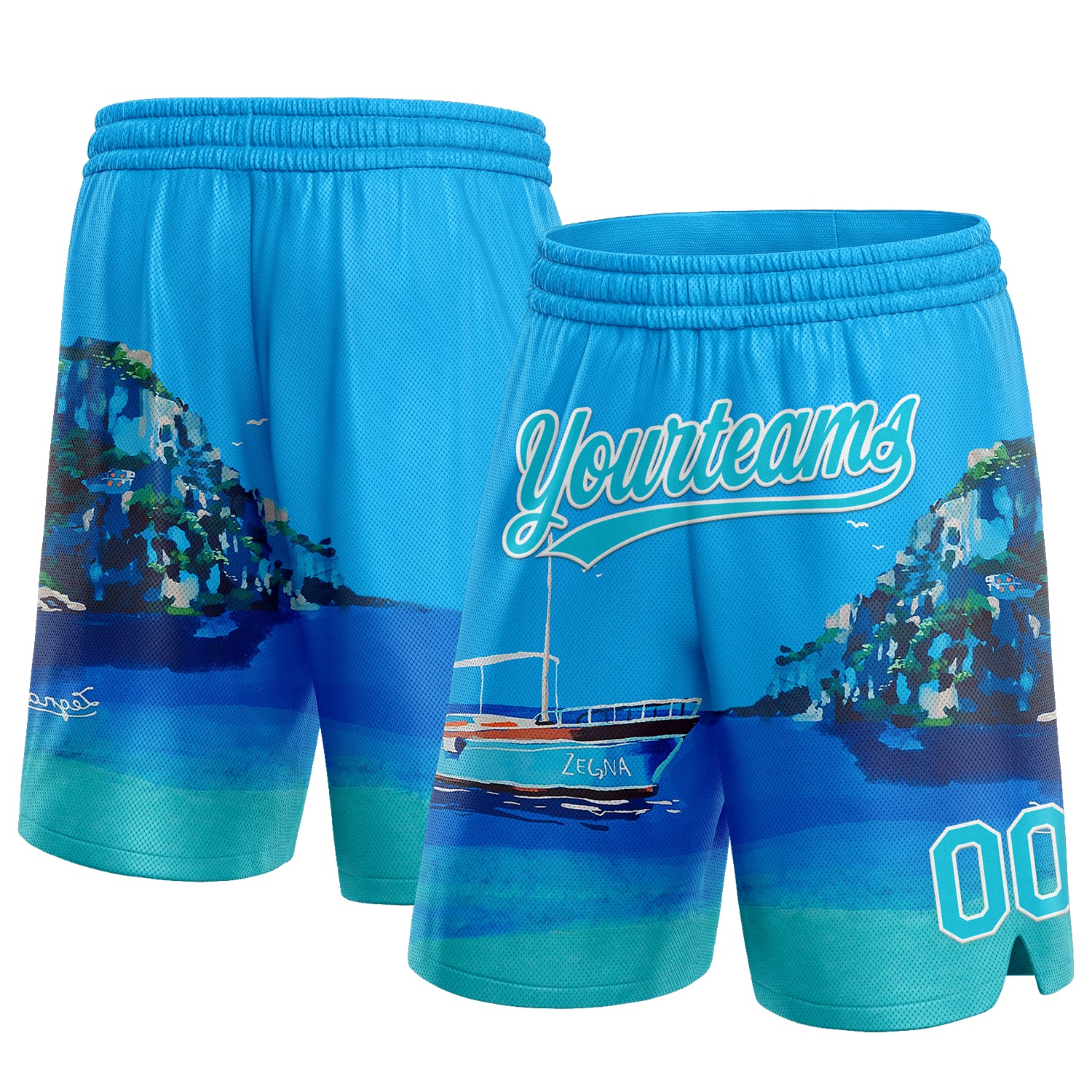 Personalized Light Blue Hawaii Beach Island 3D Pattern Basketball Shorts with Custom Name and Number Personalized Light Blue