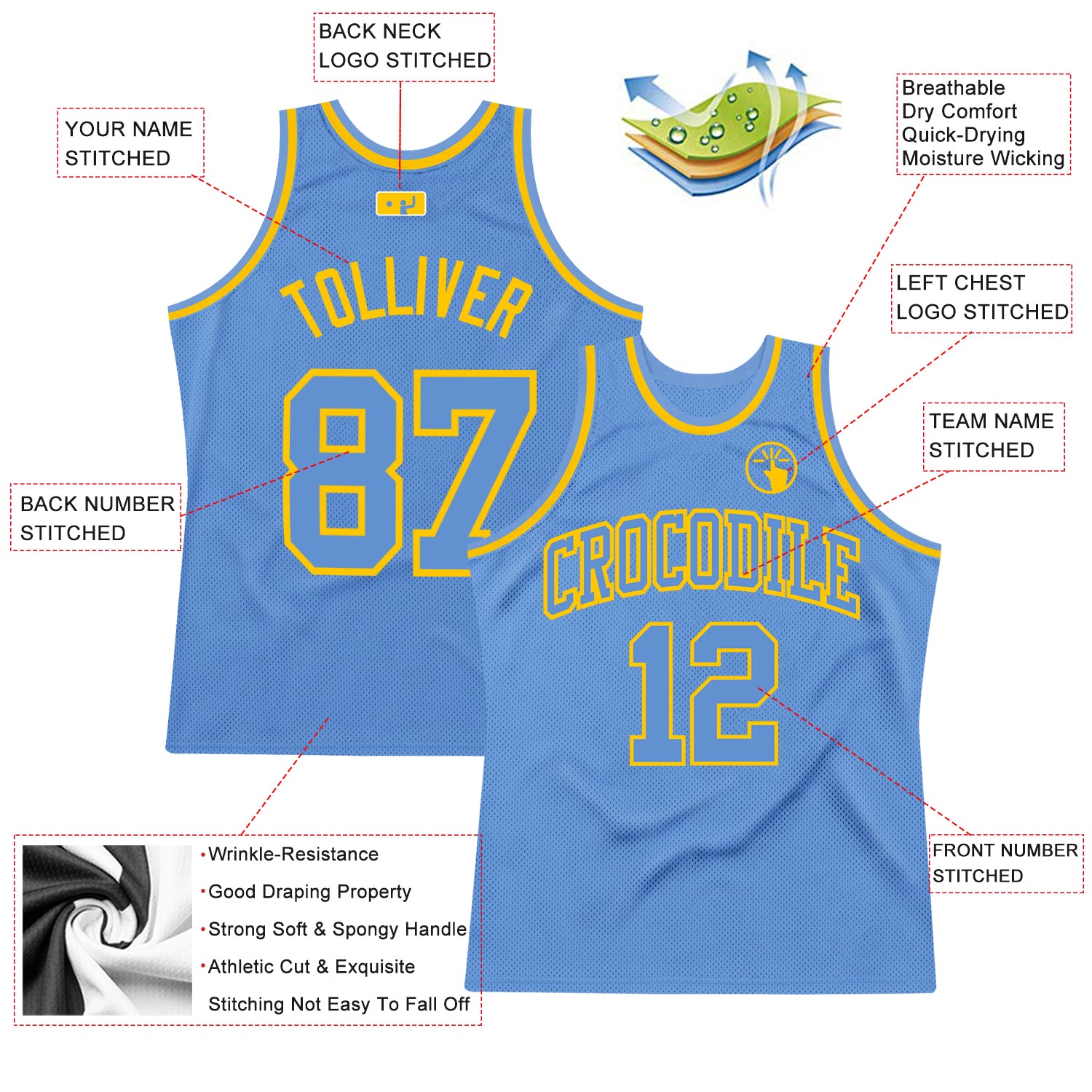 Personalized Light Blue Light Blue-Gold Authentic Throwback Basketball Jersey Team Custom Name and Number Custom Light Blue-Gold Basketball Jersey with Personalized Name & Number - Authentic Throwback Style Personalized Light Blue - Image 2
