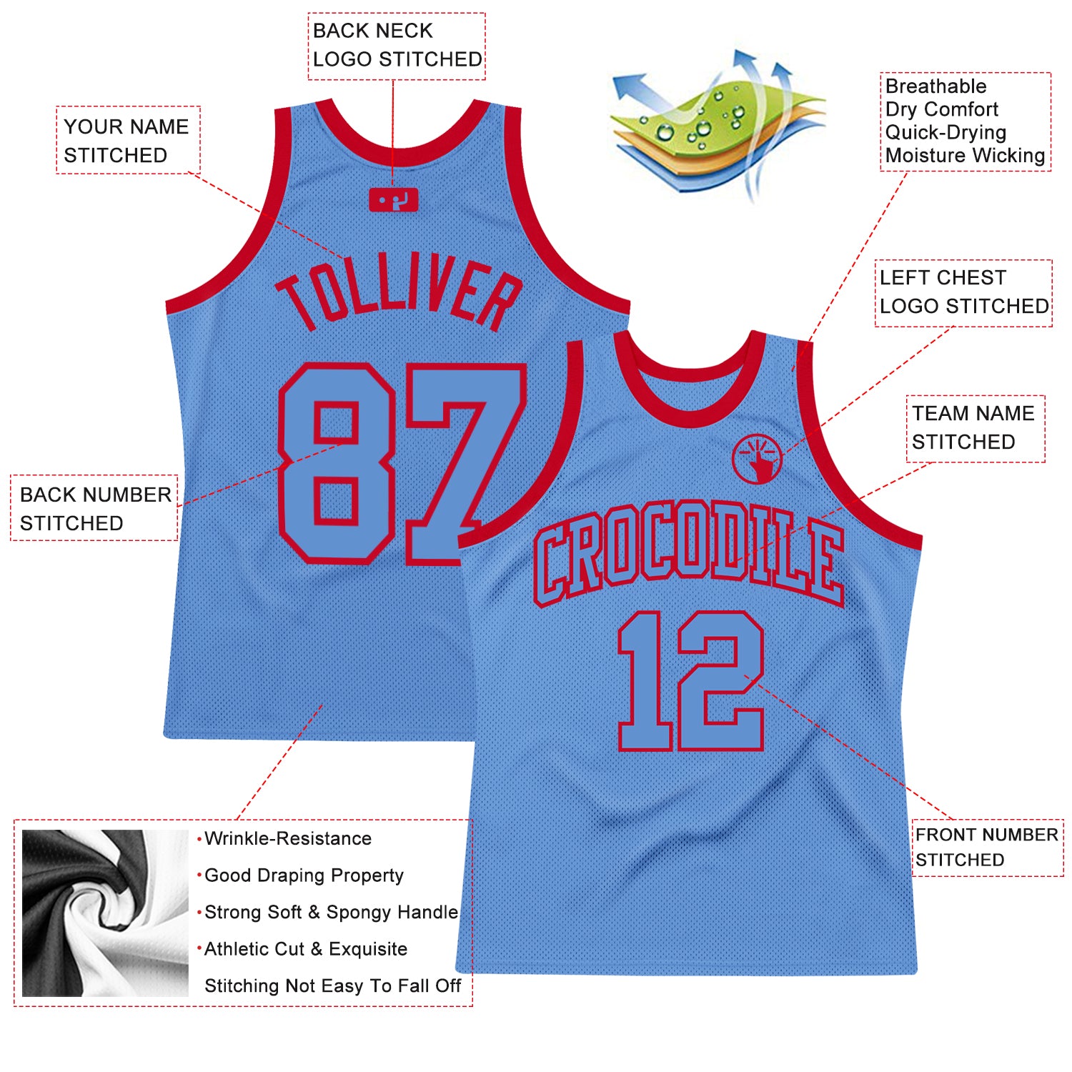 Personalized Light Blue Light Blue-Red Authentic Throwback Basketball Jersey Team Custom Name and Number Custom Name Number Authentic Basketball Jersey Light Blue Red Team Personalized Throwback Personalized Light Blue Light Blue-Red - Image 2