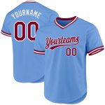 Custom Name and Number Authentic Throwback Baseball Jersey Light Blue Maroon-White Design Personalized Light Blue Maroon-White
