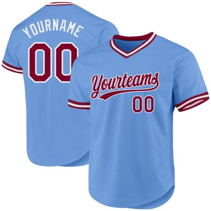 Custom Name and Number Authentic Throwback Baseball Jersey Light Blue Maroon-White Design Personalized Light Blue Maroon-White