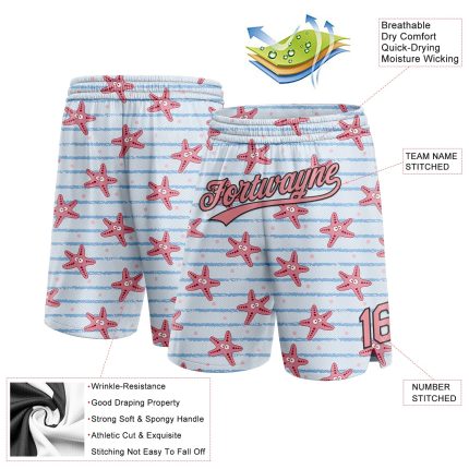 Custom Name Number Basketball Shorts 3D Starfish Pattern Light Blue Pink Black Medium Authentic Team Apparel Personalized