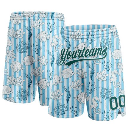 Custom Personalized Coral Fish Seahorse Basketball Shorts - Light Blue Midnight Green-White 3D Pattern with Name & Number