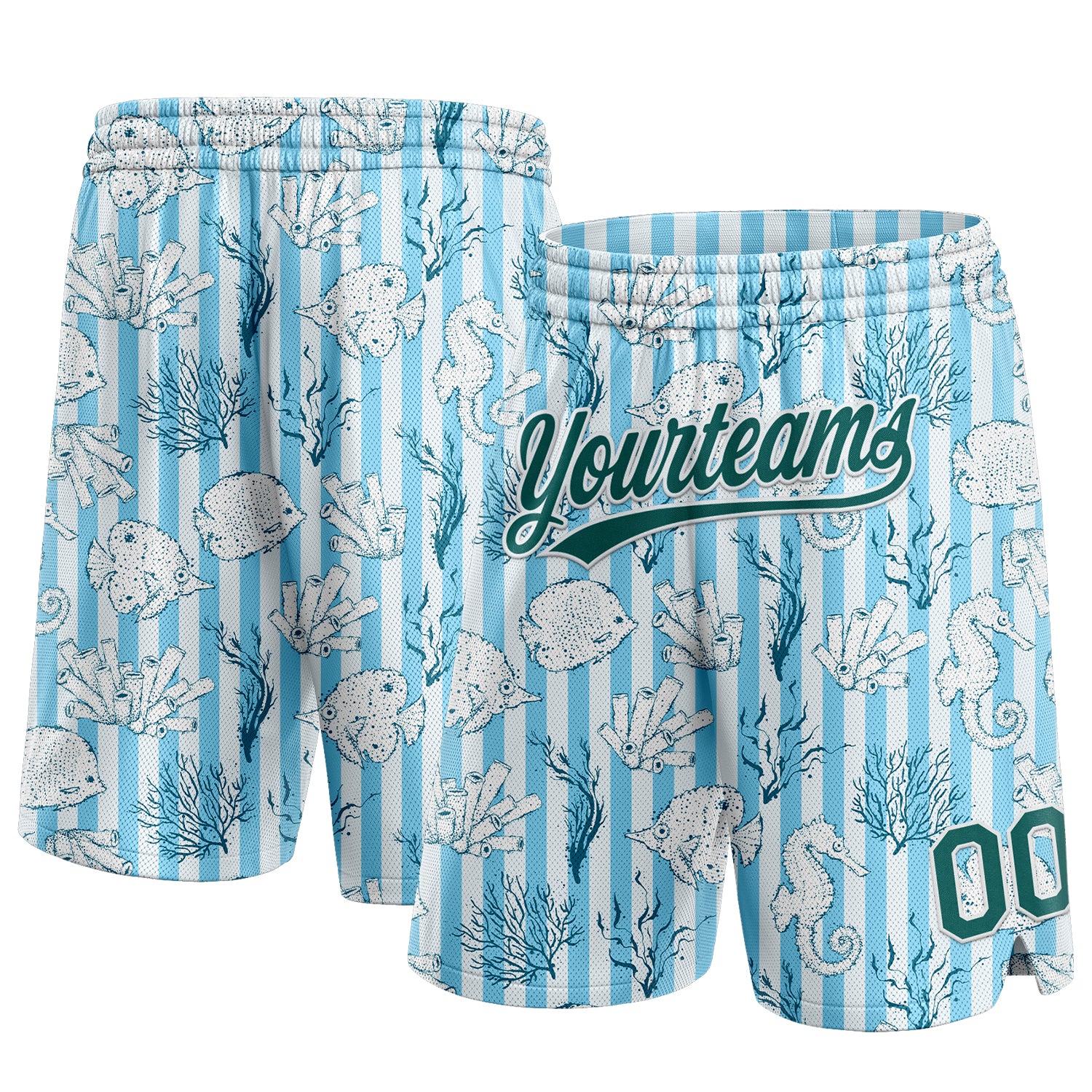 Custom Personalized Coral Fish Seahorse Basketball Shorts - Light Blue Midnight Green-White 3D Pattern with Name & Number