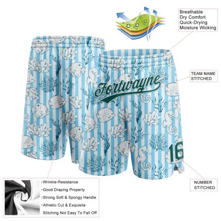 Custom Personalized Coral Fish Seahorse Basketball Shorts - Light Blue Midnight Green-White 3D Pattern with Name & Number