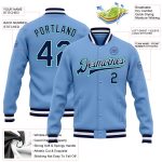 Custom Name Number Varsity Letterman Jacket Light Blue Navy Aqua Bomber Full-Snap for Team Personalization Personalized Light