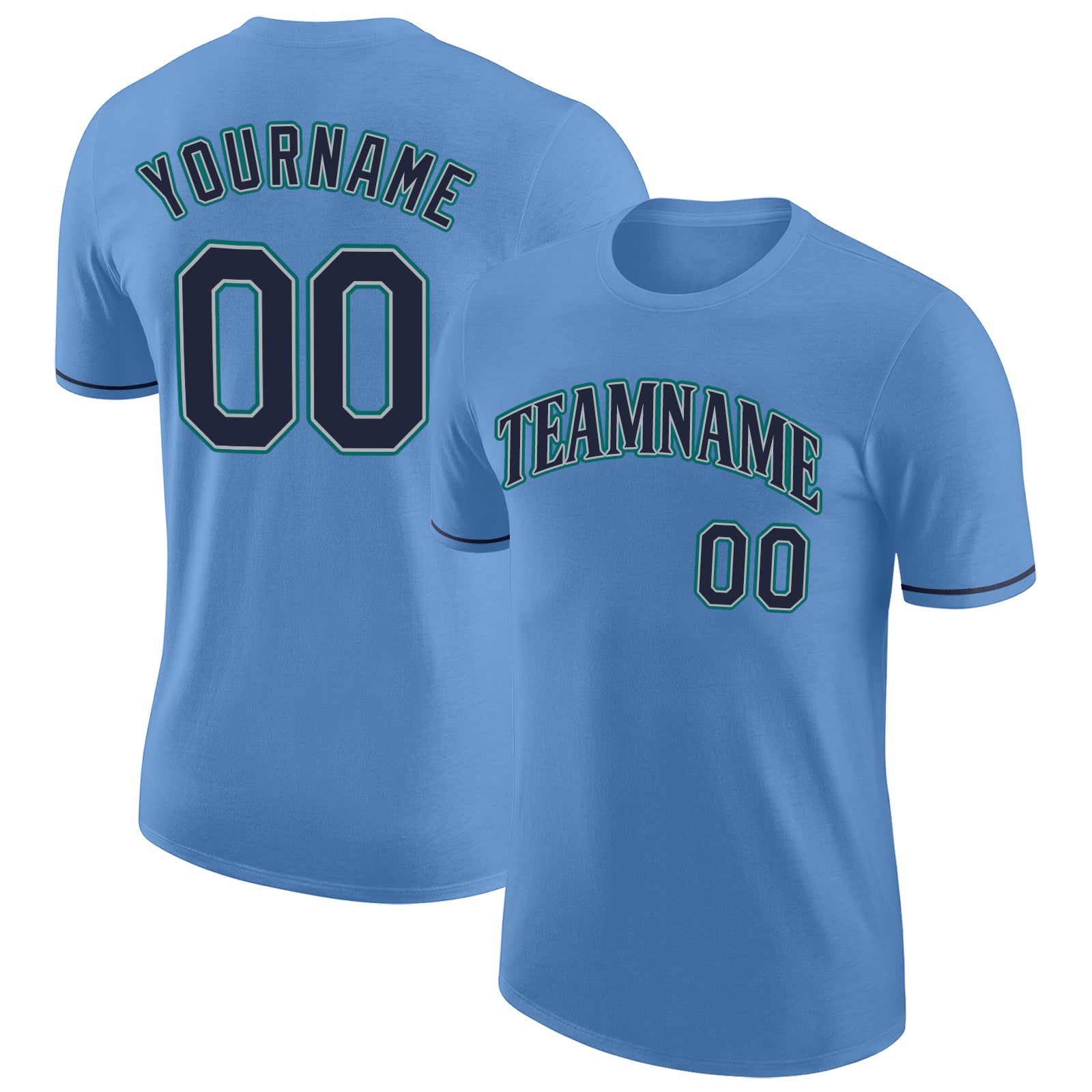 Custom Name and Number Light Blue Navy-Aqua Performance T-Shirt for Teams Personalized Light Blue Navy-Aqua Performance T-Shirt