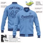 Custom Team Name Number Light Blue Navy Varsity Bomber Full-Snap Jacket Personalized Personalized Light Blue Navy Bomber