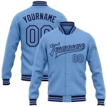 Custom Team Name Number Light Blue Navy Varsity Bomber Full-Snap Jacket Personalized Personalized Light Blue Navy Bomber