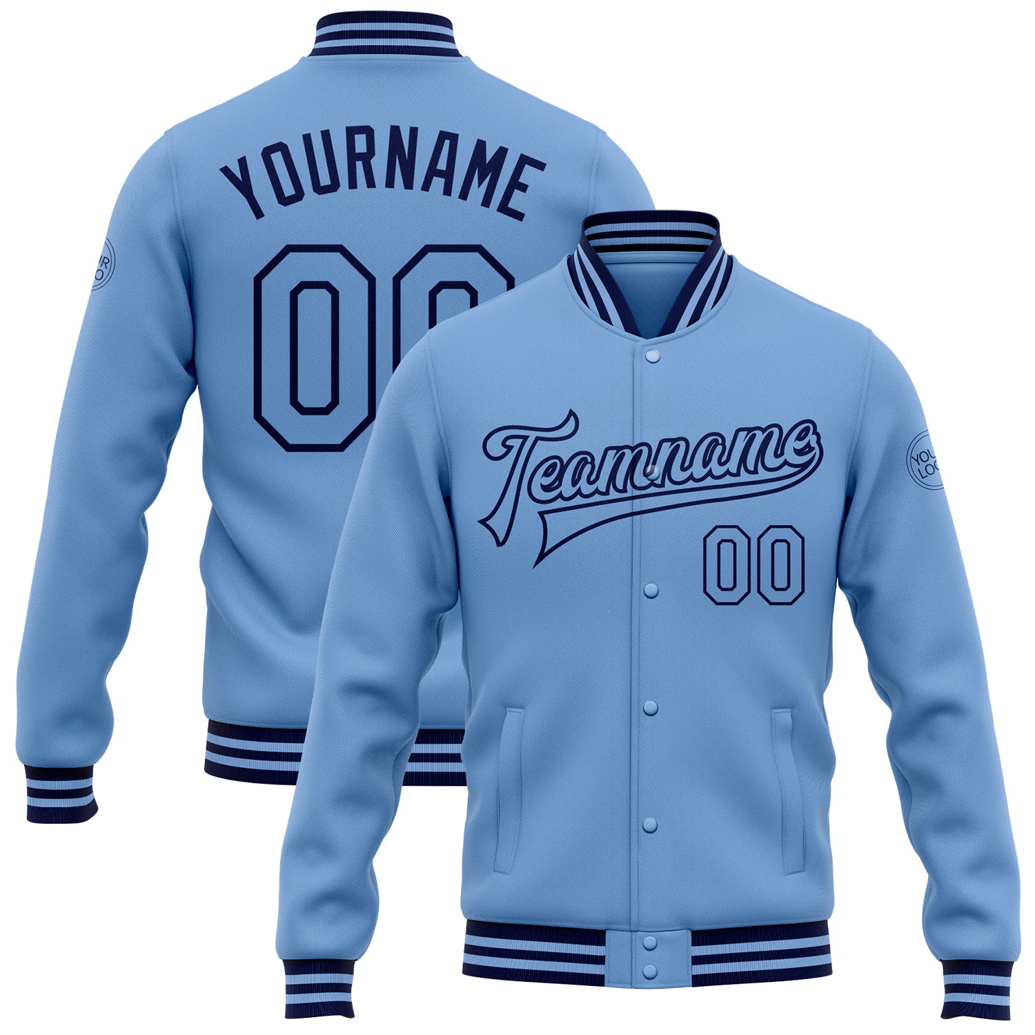 Custom Team Name Number Light Blue Navy Varsity Bomber Full-Snap Jacket Personalized Personalized Light Blue Navy Bomber