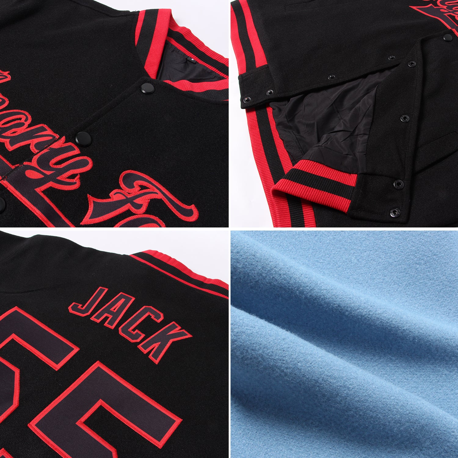 Personalized Light Blue Navy Bomber Full-Snap Varsity Letterman Two Tone Jacket Team Custom Name and Number Custom Personalized Two Tone Bomber Jacket with Name and Number - Light Blue Navy Varsity Letterman Full-Snap Personalized - Image 2