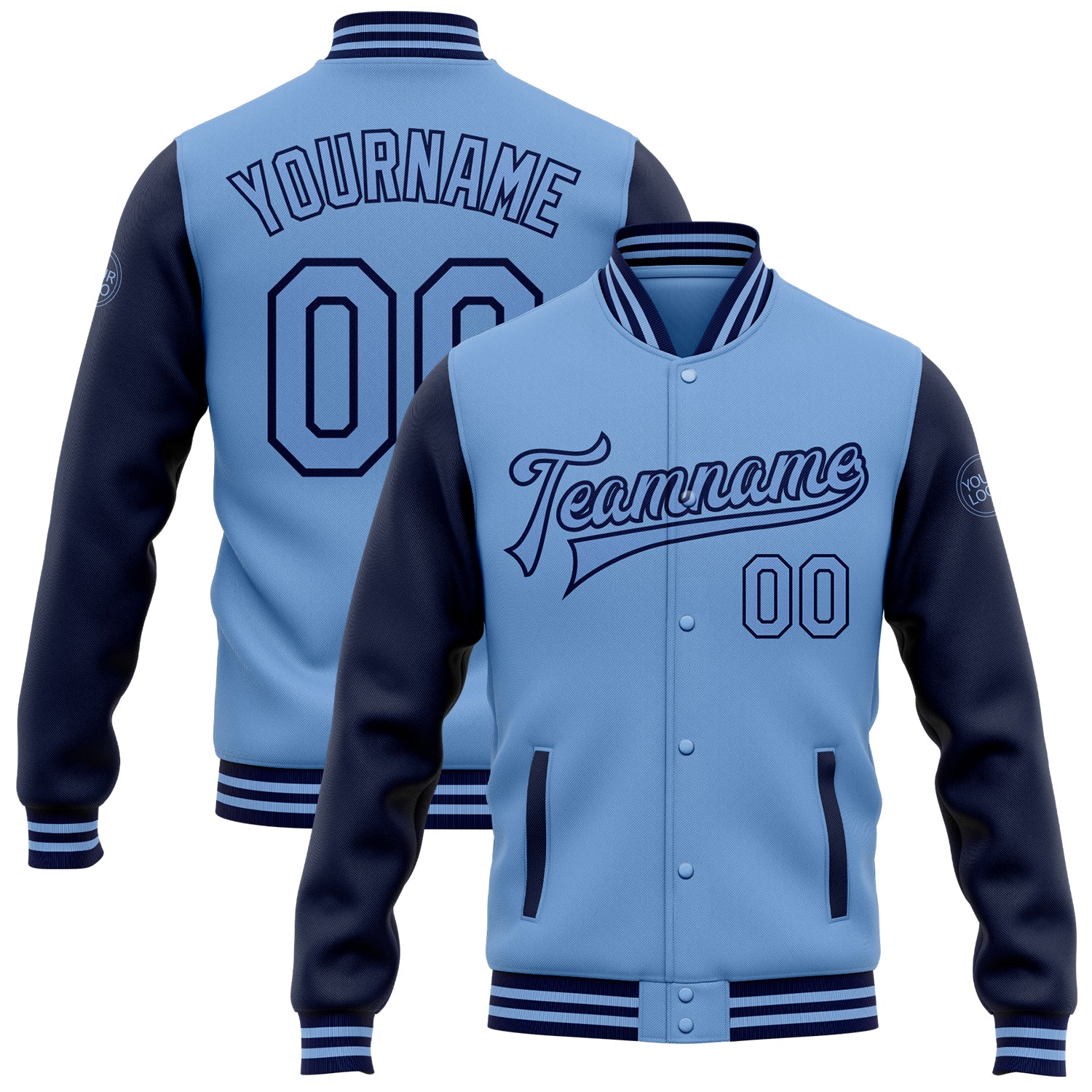 Custom Personalized Two Tone Bomber Jacket with Name and Number - Light Blue Navy Varsity Letterman Full-Snap Personalized