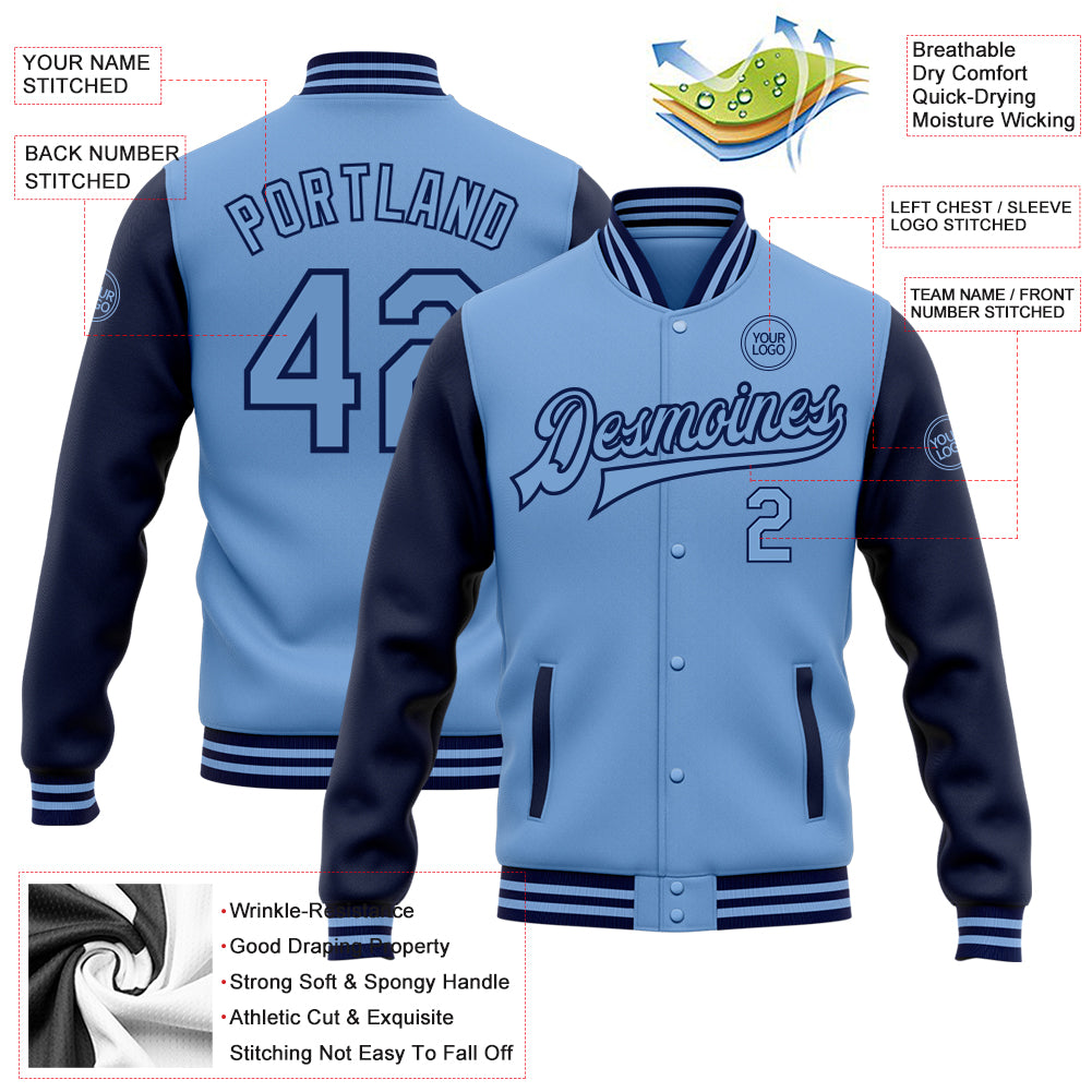 Personalized Light Blue Navy Bomber Full-Snap Varsity Letterman Two Tone Jacket Team Custom Name and Number Custom Personalized Two Tone Bomber Jacket with Name and Number - Light Blue Navy Varsity Letterman Full-Snap Personalized - Image 3