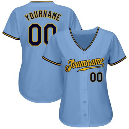 Custom Name and Number Authentic Baseball Jersey - Light Blue Navy Gold Personalization Personalized Light Blue Navy-Gold
