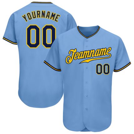 Custom Name and Number Authentic Baseball Jersey - Light Blue Navy Gold Personalization Personalized Light Blue Navy-Gold