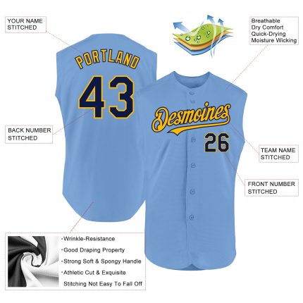 Custom Name Number Personalized Light Blue Navy Gold Baseball Jersey - Authentic Sleeveless Team Gear Personalized Light