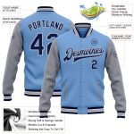 Custom Name and Number Light Blue Navy Gray Two-Tone Varsity Letterman Bomber Jacket Full-Snap Team Apparel Personalized