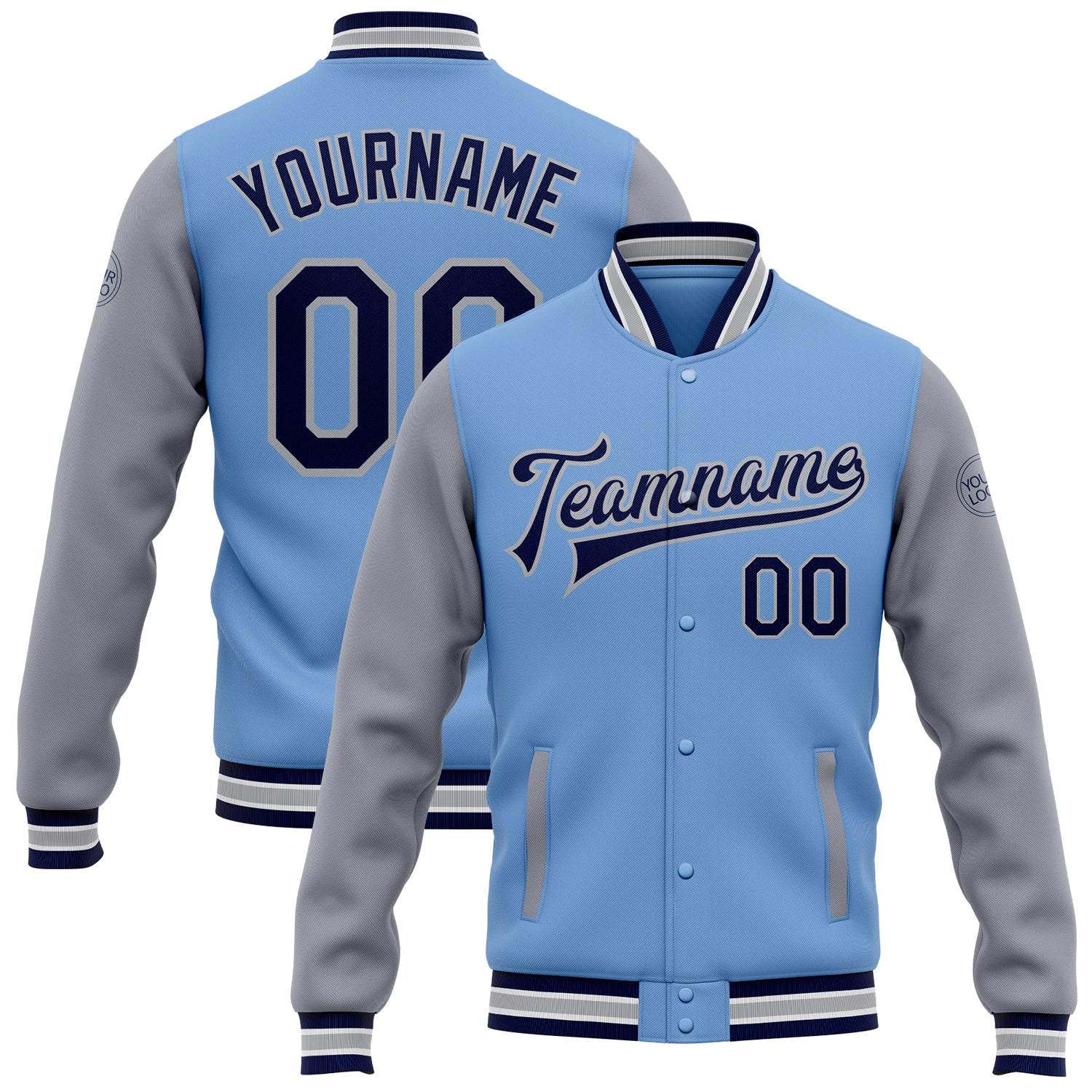 Custom Name and Number Light Blue Navy Gray Two-Tone Varsity Letterman Bomber Jacket Full-Snap Team Apparel Personalized