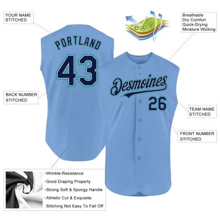 Custom Name and Number Baseball Jersey in Light Blue Navy Gray Teal - Authentic Sleeveless Design for Team Sports Personalized