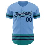 Custom Personalized Baseball Jersey - Light Blue Navy Gray-Teal Line with Name and Number Personalized Light Blue Navy Gray-Teal