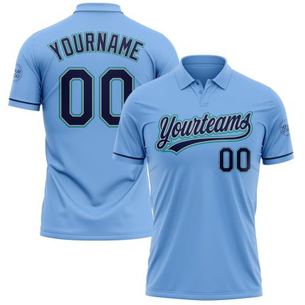 Custom Name and Number Performance Vapor Golf Polo Shirt - Light Blue Navy Gray Teal Personalized Light Blue Navy Gray-Teal