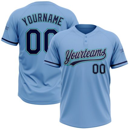 Custom Name and Number Softball Jersey - Light Blue Navy Gray-Teal Unisex Two-Button Design Personalized Light Blue Navy
