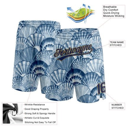Custom 3D Pattern Basketball Shorts with Personalized Name and Number - Light Blue Navy-Old Gold Shells Personalized Light