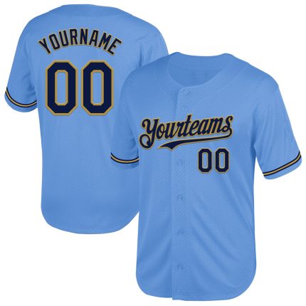 Custom Light Blue and Navy Baseball Jersey with Old Gold Mesh - Personalized Name and Number, Authentic Throwback Design