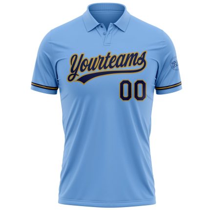 Customizable Light Blue Golf Polo Shirt with Navy-Old Gold Accents, Performance Fabric, Team Name and Number Personalized