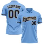 Customizable Light Blue Golf Polo Shirt with Navy-Old Gold Accents, Performance Fabric, Team Name and Number Personalized