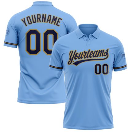Customizable Light Blue Golf Polo Shirt with Navy-Old Gold Accents, Performance Fabric, Team Name and Number Personalized
