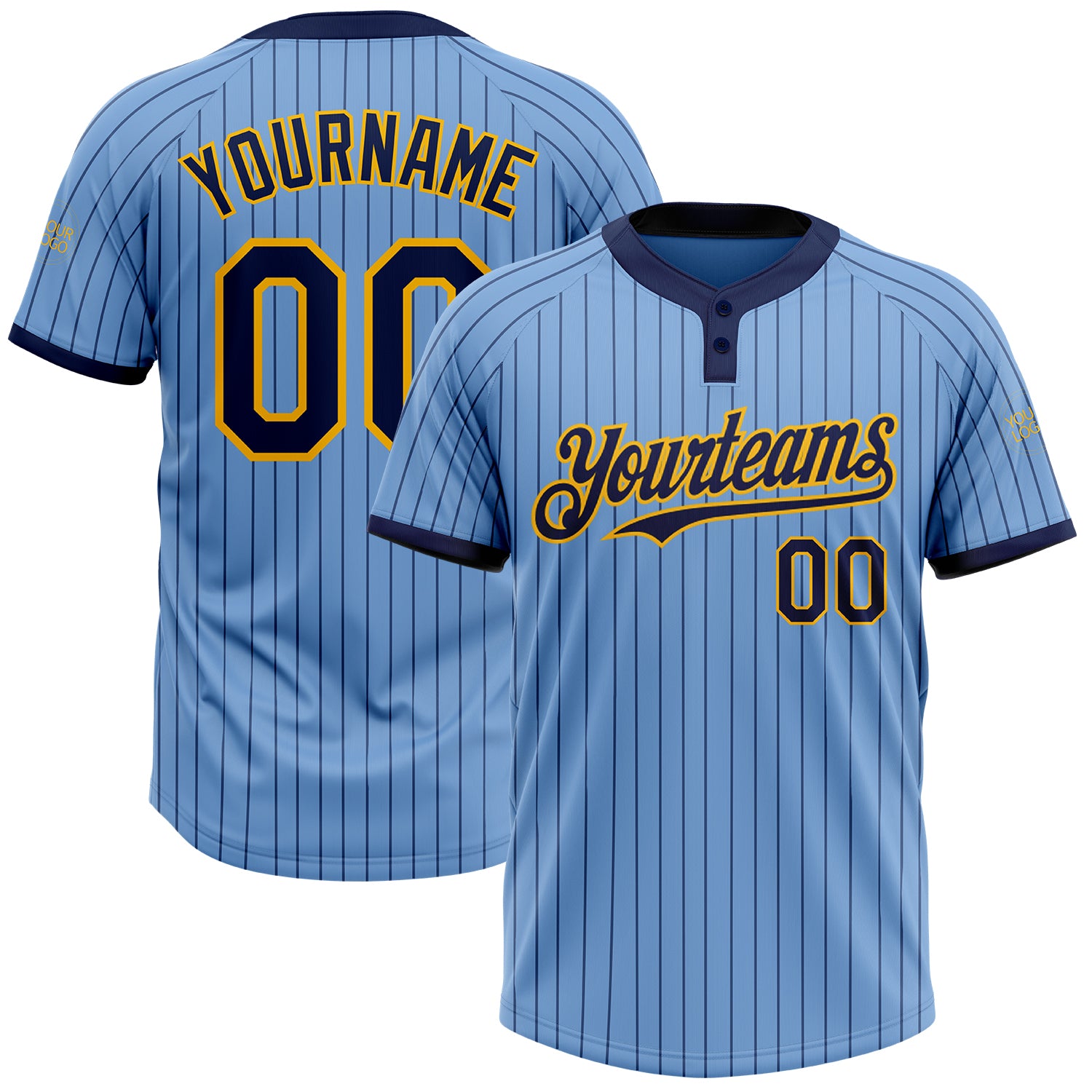 Custom Unisex Softball Jersey - Personalized Light Blue Navy Pinstripe Gold Two-Button with Name & Number Personalized Light